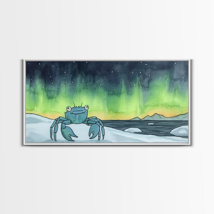 Blue Crab Under Green Aurora Wall Art, Coastal Animal Print, Ocean Nursery Decor, Whimsical Bathroom Wall Decor Gift For Her