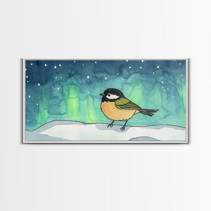 Chickadee Under Northern Lights Wall Art, Whimsical Bird Art Print, Celestial Nursery Decor, Kids Room Decor, Winter Wall Art