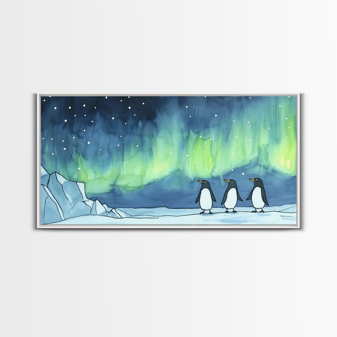 Penguins Walking Under Aurora Canvas Print, Arctic Animal Wall Art, Whimsical Nursery Decor, Kids Room Art, Coastal Wall Decor