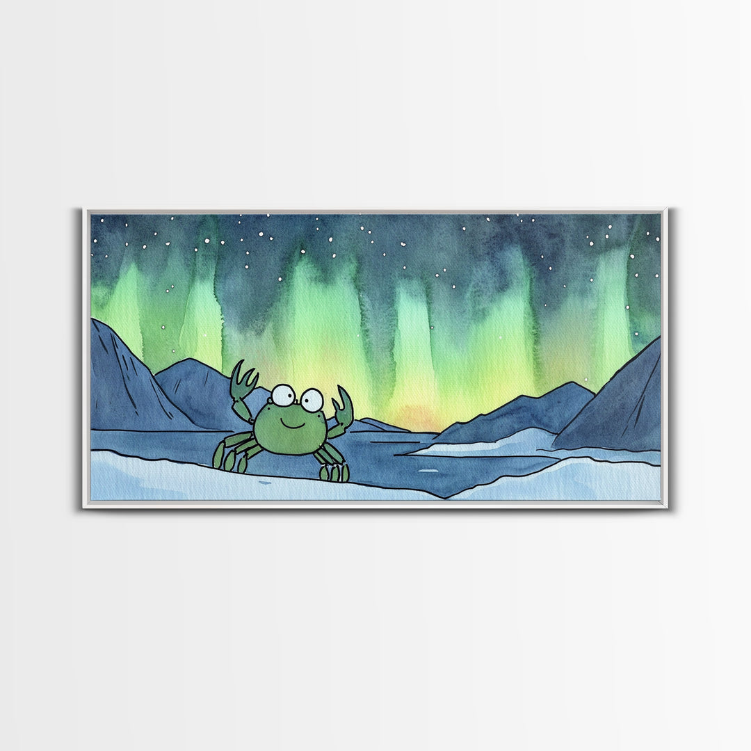 Cheerful Crab Under Northern Lights Wall Art, Whimsical Ocean Art Print, Coastal Nursery Decor, Kids Room Decor, Animal Wall Art