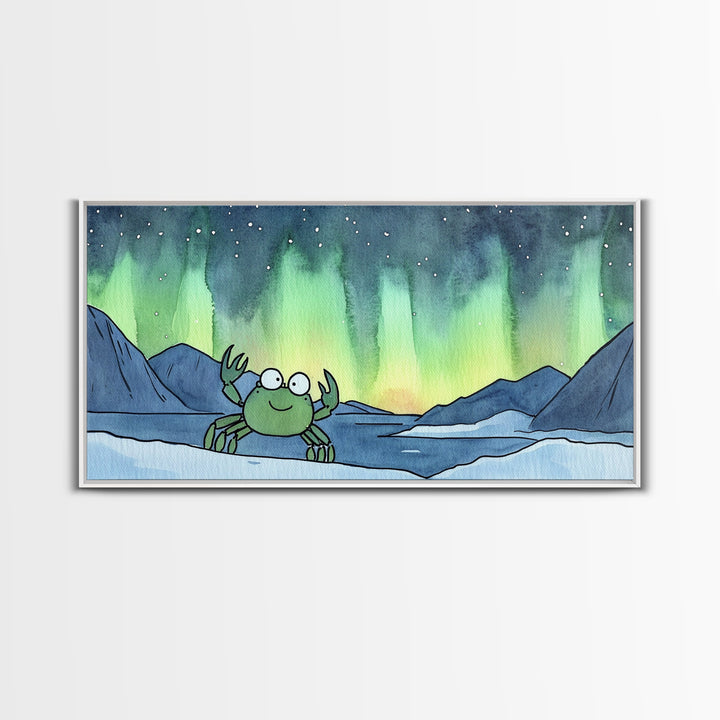 Cheerful Crab Under Northern Lights Wall Art, Whimsical Ocean Art Print, Coastal Nursery Decor, Kids Room Decor, Animal Wall Art