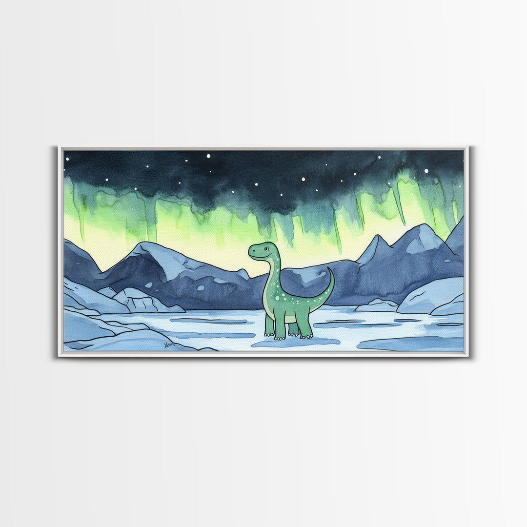 Friendly Loch Ness Dinosaur Under Aurora Wall Art, Whimsical Fantasy Art Print, Kids Room Decor, Nursery Wall Art, Lake Wall Art