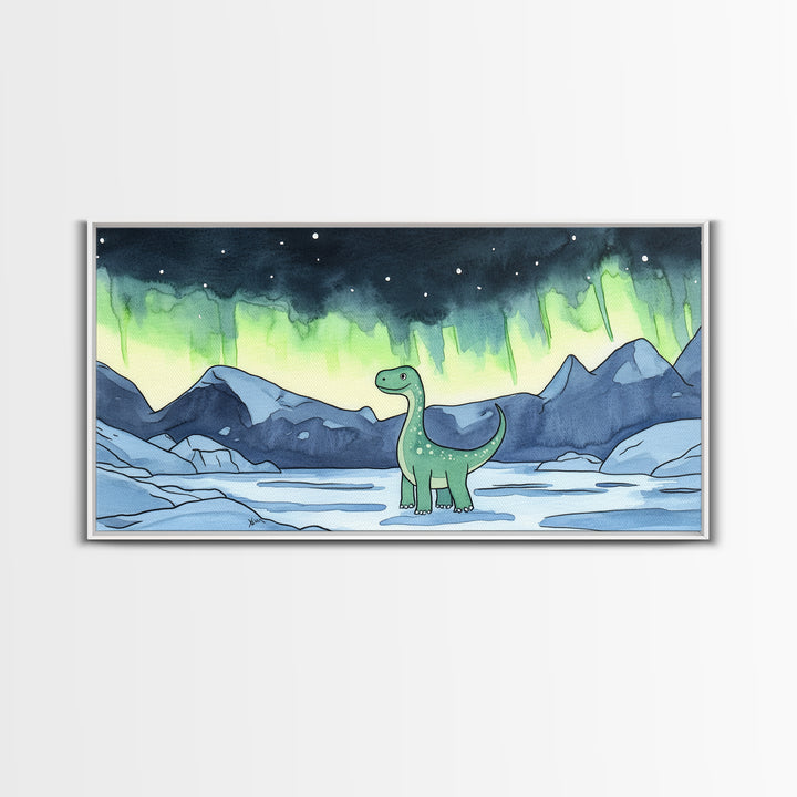 Friendly Loch Ness Dinosaur Under Aurora Wall Art, Whimsical Fantasy Art Print, Kids Room Decor, Nursery Wall Art, Lake Wall Art