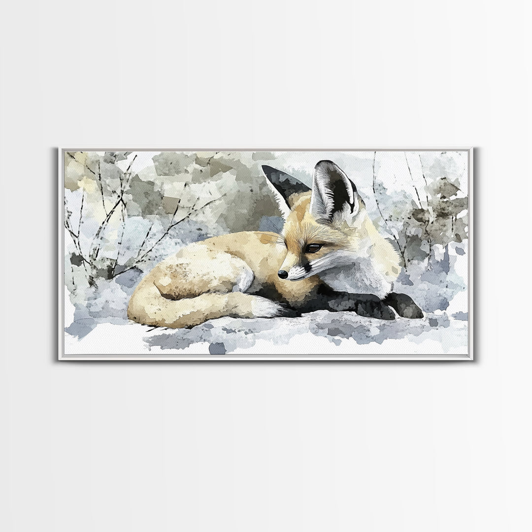 Resting Fennec Fox In Snow Watercolor Wall Art, Winter Wildlife Painting, Woodland Animal Decor, Nature Art Print Gift Idea