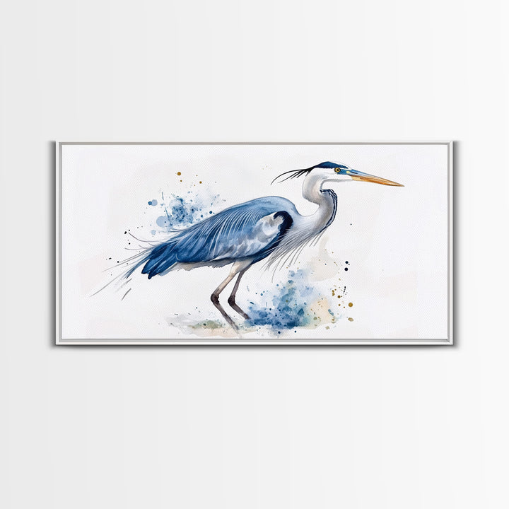 Blue Heron Watercolor Canvas Print, Elegant Coastal Bird Wall Art, Nautical Wildlife Decor, Beach House Living Room Art Print