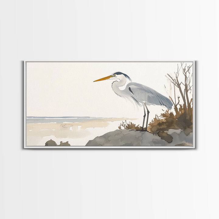 Coastal Great Blue Heron Wall Art, Serene Beach Landscape Watercolor, Nautical Bird Print, Beach House Living Room Decor