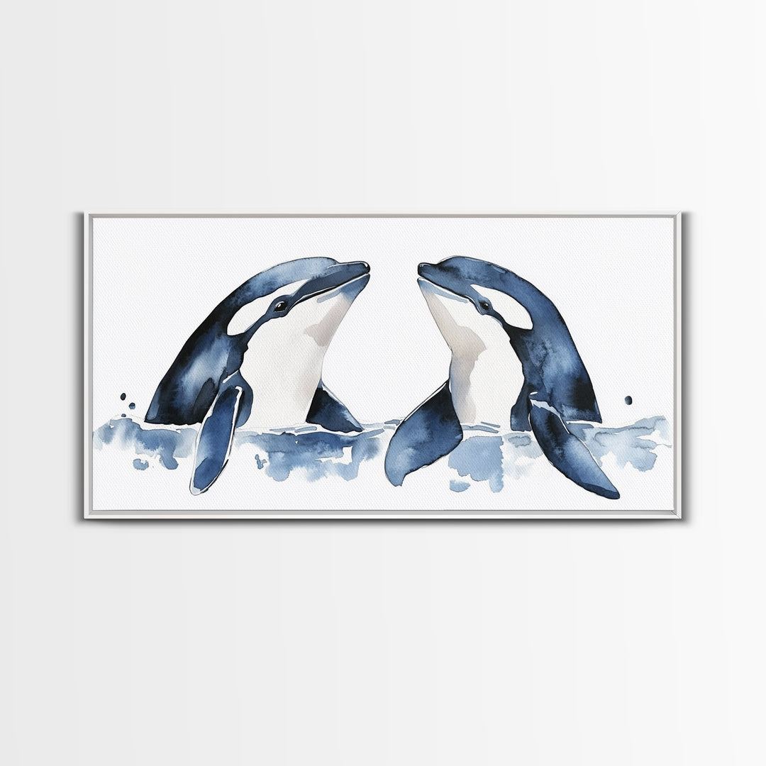 Two Orca Whales Rising From Blue Water Canvas Print, Minimalist Ocean Animal Wall Art, Coastal Nursery Decor, Gift For Her