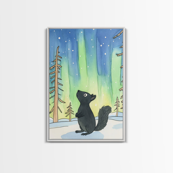 Whimsical Black Squirrel Aurora Wall Art, Northern Lights Nursery Decor, Woodland Animal Print, Winter Forest Kids Room Art