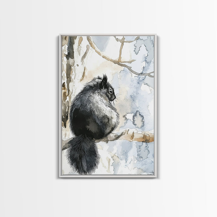 Black Squirrel Winter Branch Wall Art, Watercolor Wildlife Print, Rustic Nature Decor, Woodland Animal Art, Cabin Poster
