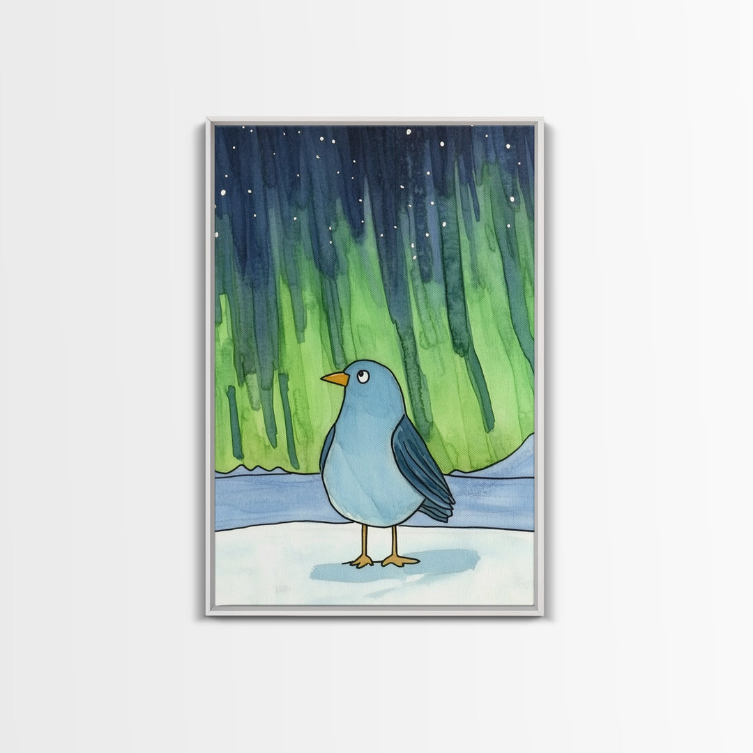 Whimsical Blue Bird Aurora Wall Art, Northern Lights Winter Decor, Nursery Animal Print, Kids Room Art, Celestial Poster
