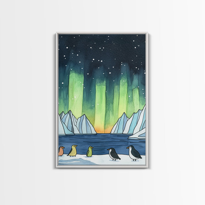 Penguins Under Northern Lights Canvas Print, Aurora Borealis Wall Decor, Arctic Animal Art, Kids Room Decor, Whimsical Nursery Art