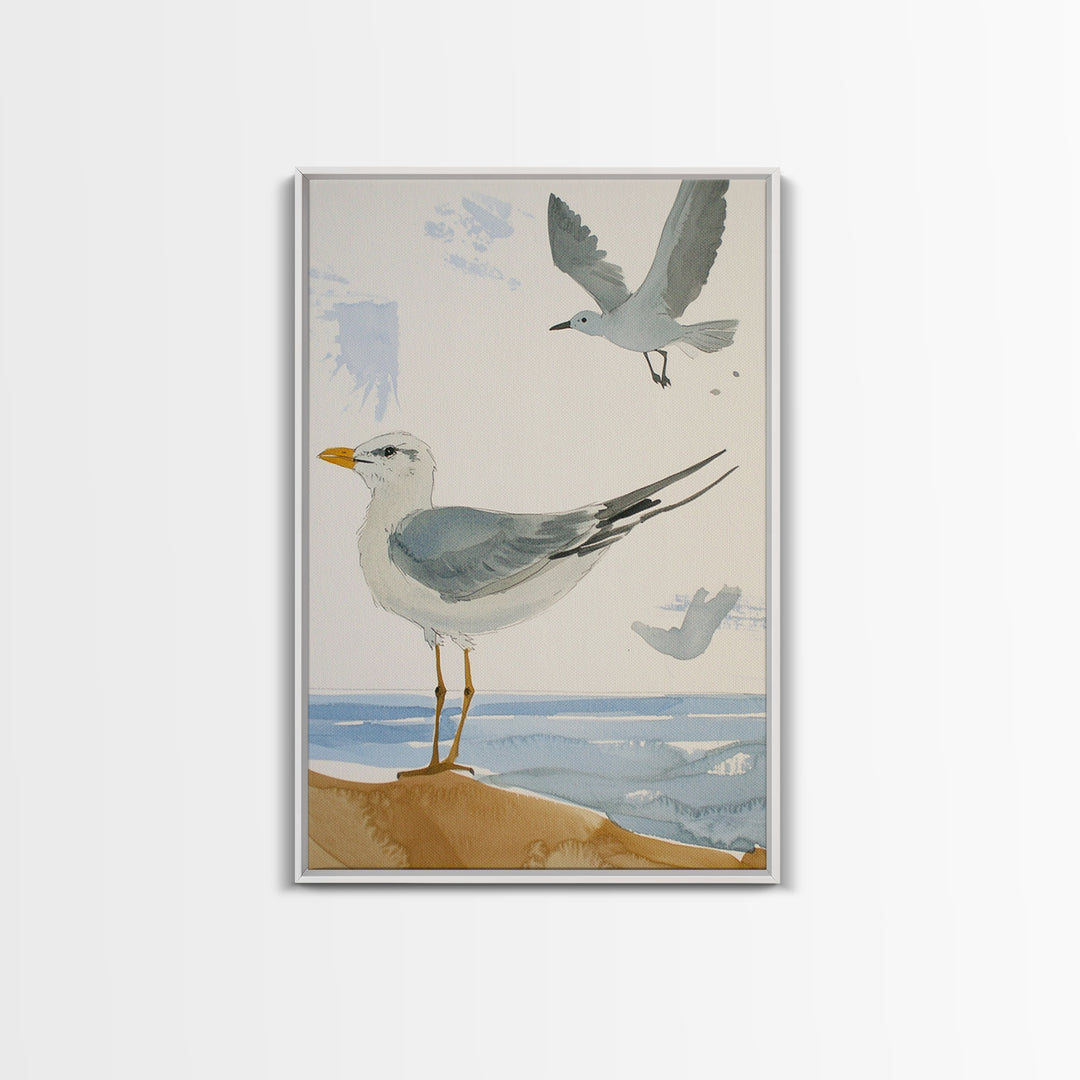 Minimal Seagulls Above Ocean Dune Canvas Print, Coastal Wall Art, Beach House Decor, Nautical Bird Print, Serene Bathroom Decor