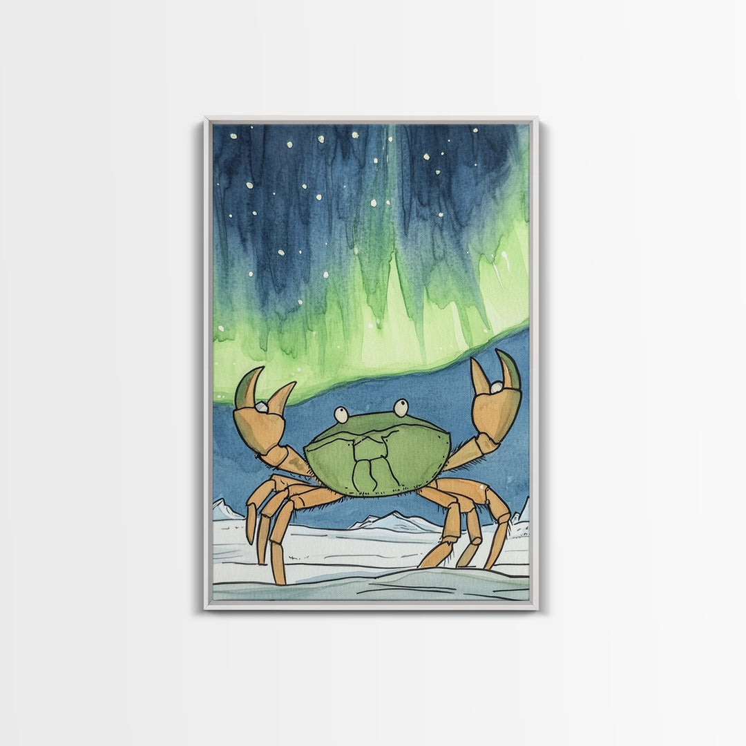 Whimsical Crab Under Northern Lights Wall Art, Coastal Animal Print, Ocean Nursery Decor, Kids Room Decor, Playful Beach House Art