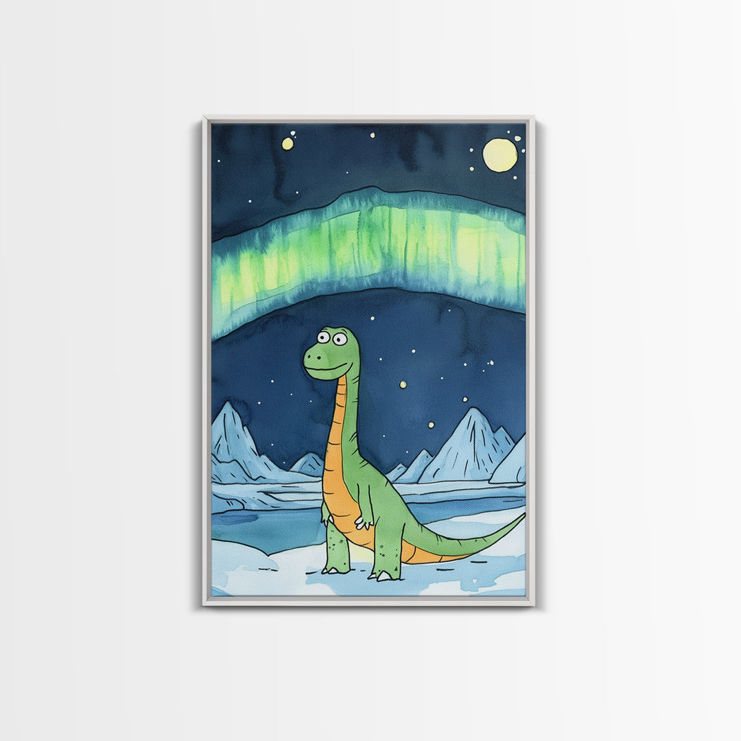 Cute Green Dinosaur Under Northern Lights Wall Art, Whimsical Nursery Decor, Kids Room Art, Arctic Adventure Canvas Print