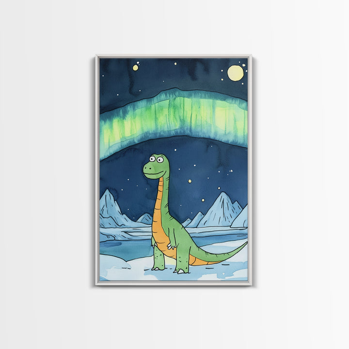 Cute Green Dinosaur Under Northern Lights Wall Art, Whimsical Nursery Decor, Kids Room Art, Arctic Adventure Canvas Print