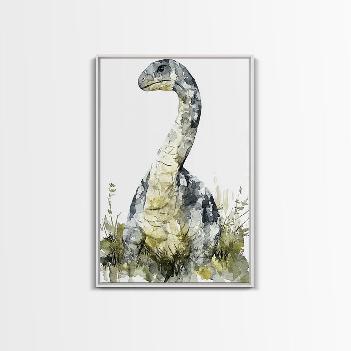 Gentle Long Neck Dinosaur Watercolor Wall Art, Neutral Nursery Decor, Animal Art Print, Kids Room Canvas Print, Baby Gift