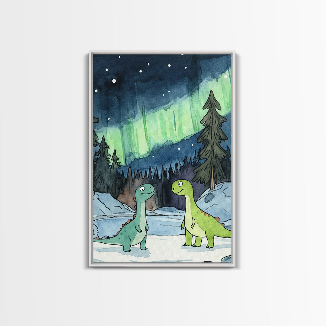 Two Smiling Dinosaurs In Snowy Forest Wall Art, Northern Lights Nursery Decor, Whimsical Kids Room Canvas Print, Baby Shower Gift