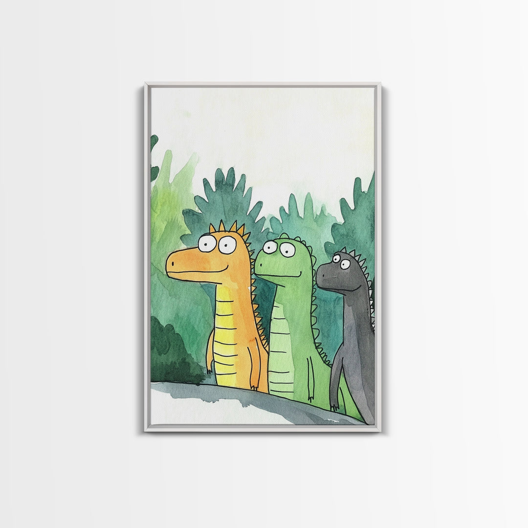 Three Cute Dinosaurs In Green Jungle Wall Art, Whimsical Animal Nursery Decor, Kids Room Art Print, Colorful Canvas Print
