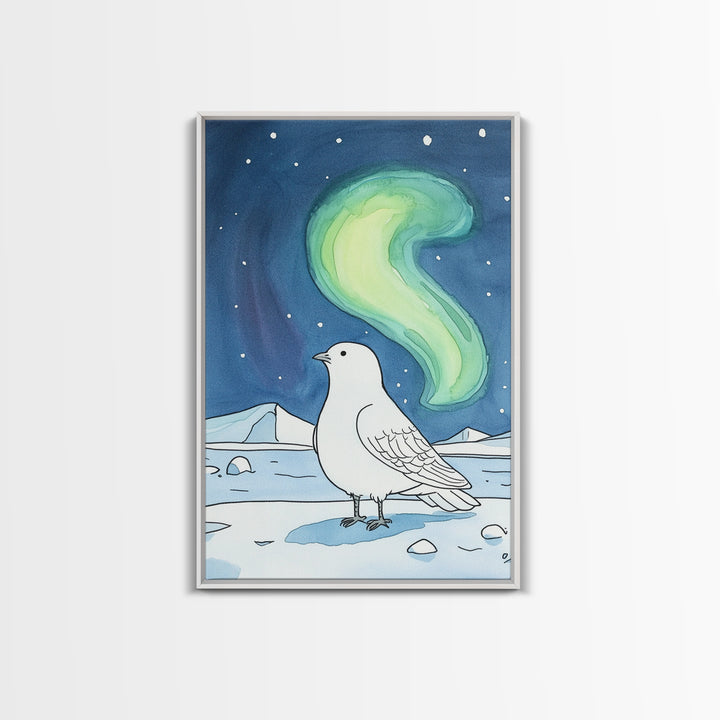 White Arctic Bird Beneath Northern Lights Wall Art, Winter Nature Decor, Celestial Bird Art Print, Peaceful Canvas Print