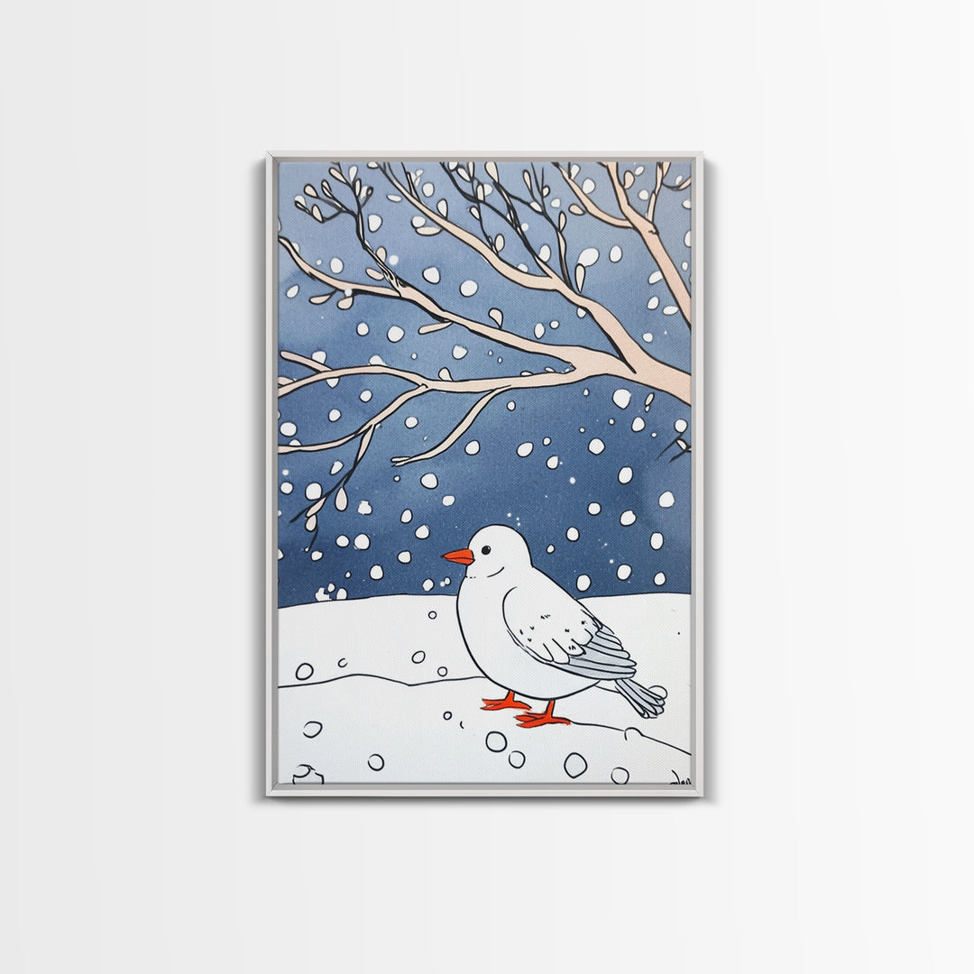 White Snow Bird Under Winter Branches Wall Art, Cozy Nature Decor, Minimalist Bird Art Print, Scandinavian Decor Canvas Print