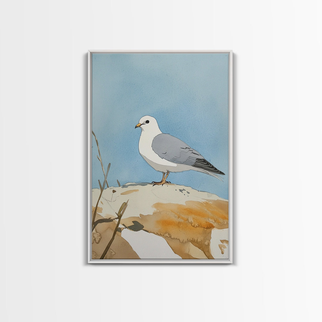 Coastal Seagull On Sunlit Rock Wall Art, Beach House Decor, Living Room Decor, Ocean Bird Art Print, Nautical Framed Canvas Print