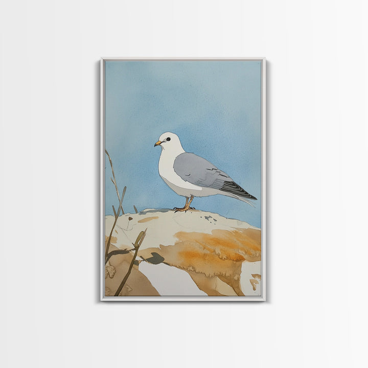 Coastal Seagull On Sunlit Rock Wall Art, Beach House Decor, Living Room Decor, Ocean Bird Art Print, Nautical Framed Canvas Print