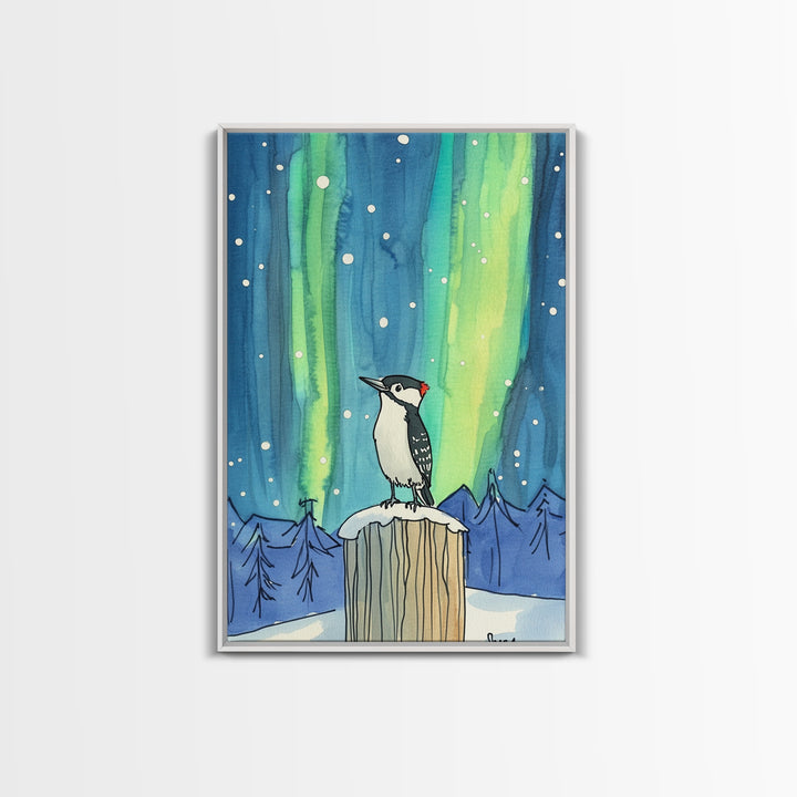 Woodpecker Under Aurora Snowy Forest Wall Art, Northern Lights Bird Art Print, Winter Nature Decor, Cozy Cabin Decor Canvas Print