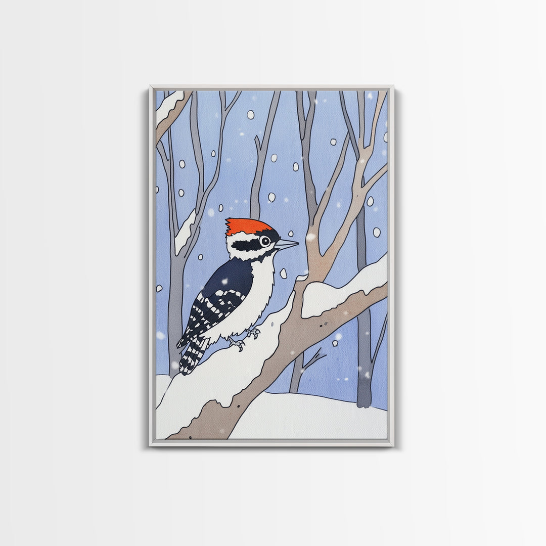 Red Capped Woodpecker In Snowy Winter Forest Wall Art, Woodland Bird Print, Nursery Decor, Rustic Cabin Decor, Nature Gift
