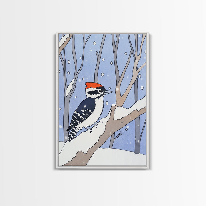Red Capped Woodpecker In Snowy Winter Forest Wall Art, Woodland Bird Print, Nursery Decor, Rustic Cabin Decor, Nature Gift