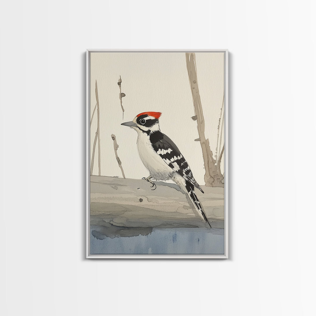 Red Crown Woodpecker On Winter Log Wall Art, Minimalist Bird Print, Woodland Nursery Decor, Rustic Nature Art, Cabin Decor