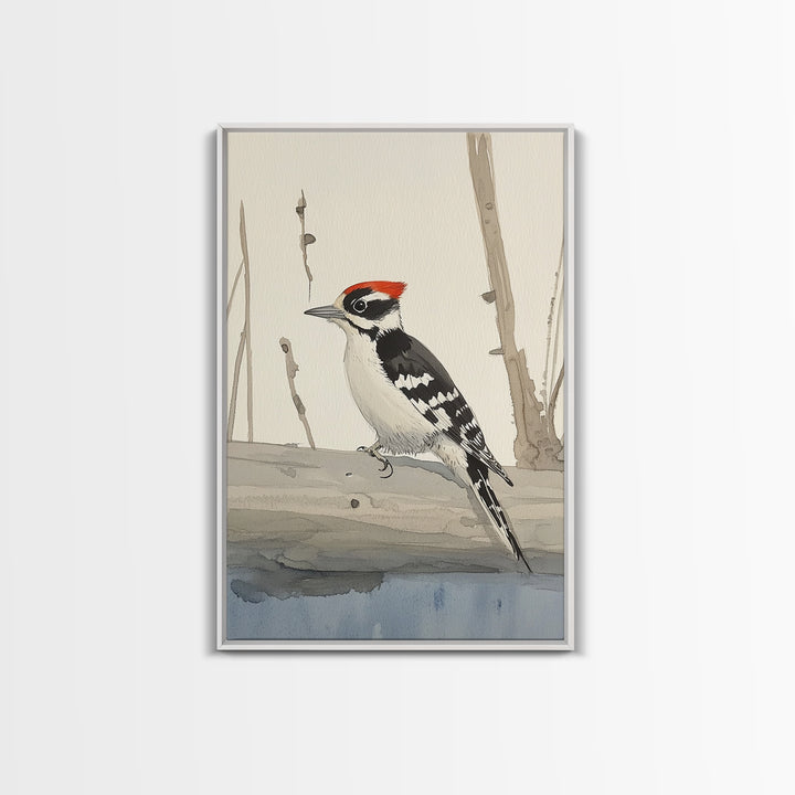 Red Crown Woodpecker On Winter Log Wall Art, Minimalist Bird Print, Woodland Nursery Decor, Rustic Nature Art, Cabin Decor