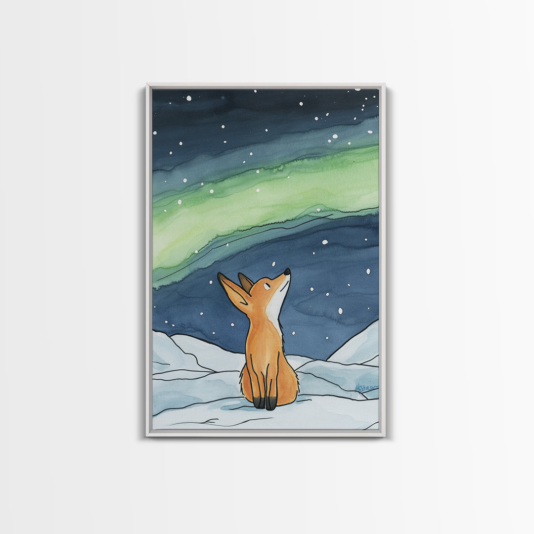 Fox Watching Northern Lights In Snow Canvas Print, Aurora Borealis Wall Art, Woodland Nursery Decor, Winter Cabin Decor, Gift