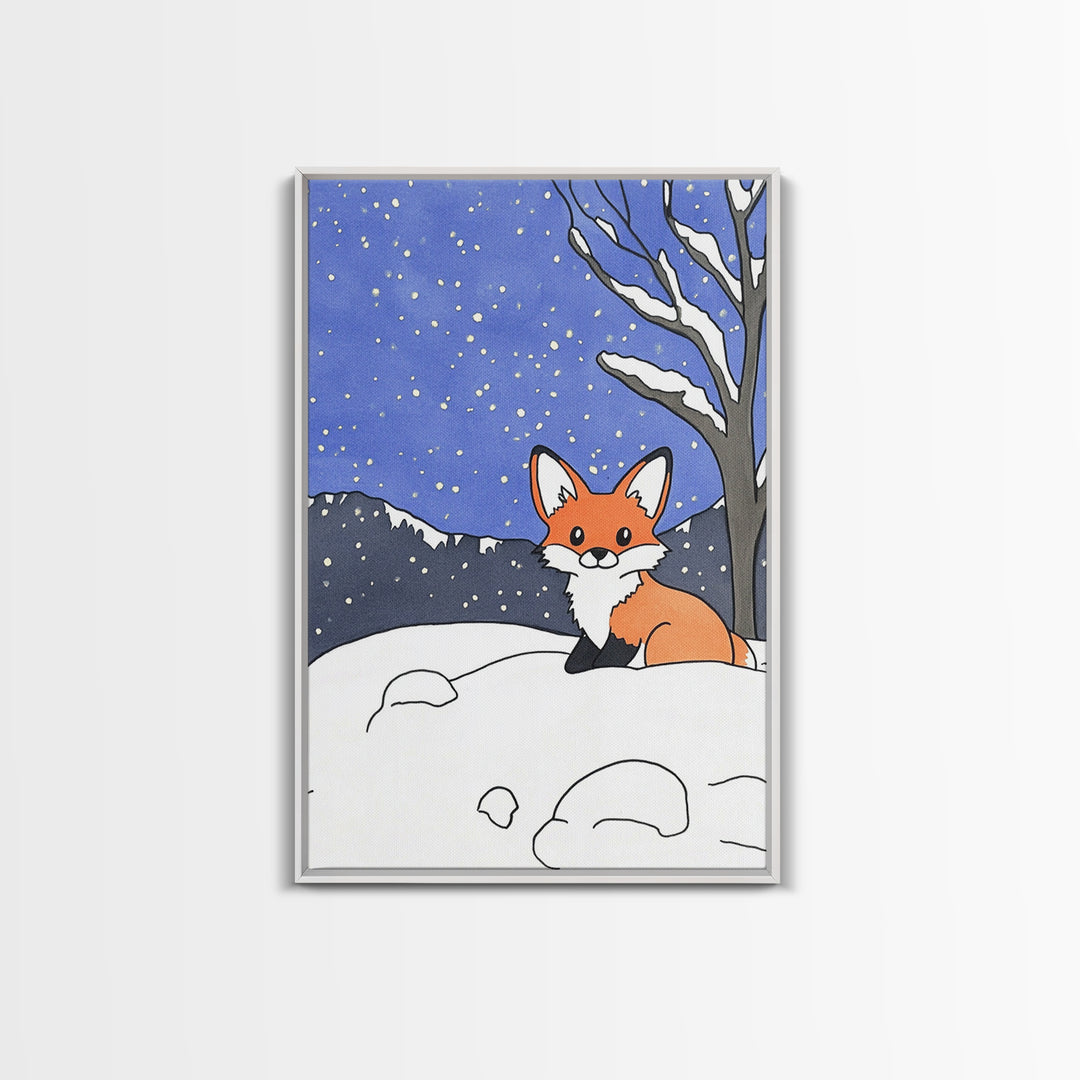 Cute Fox In Snowy Mountain Night Wall Art, Woodland Animal Print, Winter Nursery Decor, Cabin Wall Decor, Whimsical Art Print