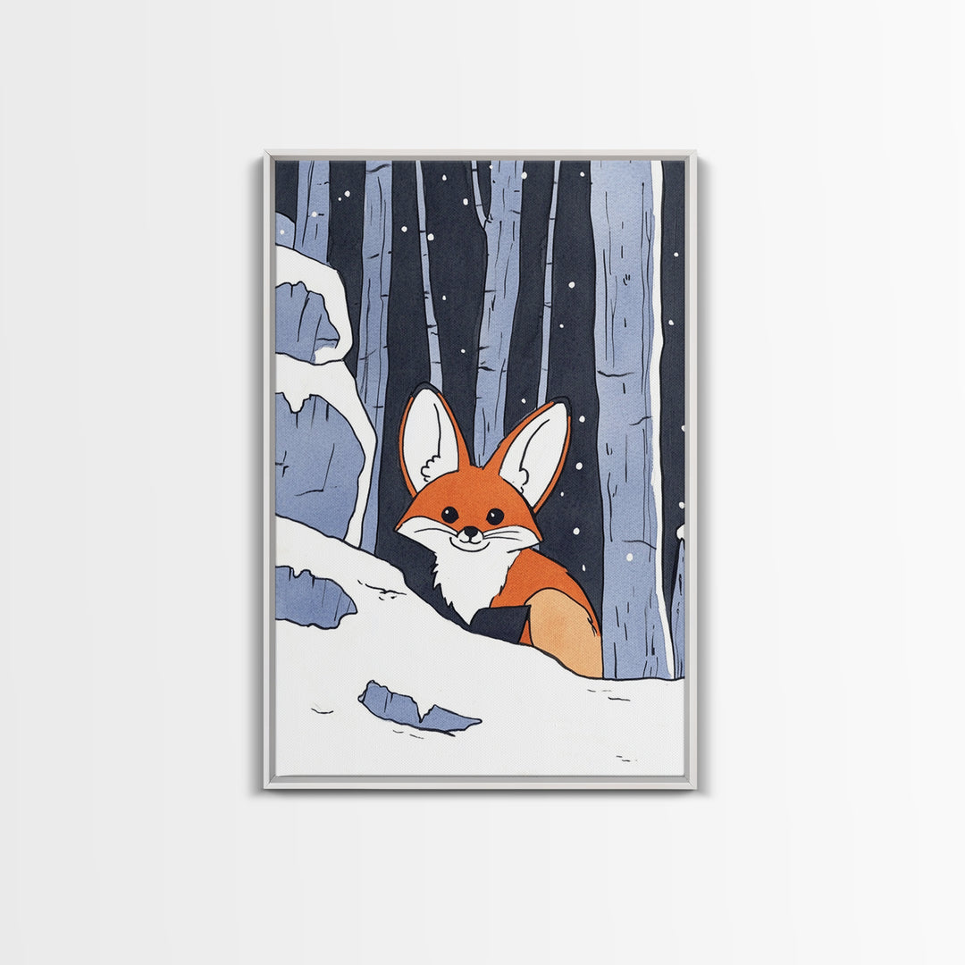 Fox Peeking From Snowy Forest Canvas Print, Woodland Animal Wall Art, Whimsical Nursery Decor, Winter Cabin Decor, Fox Art