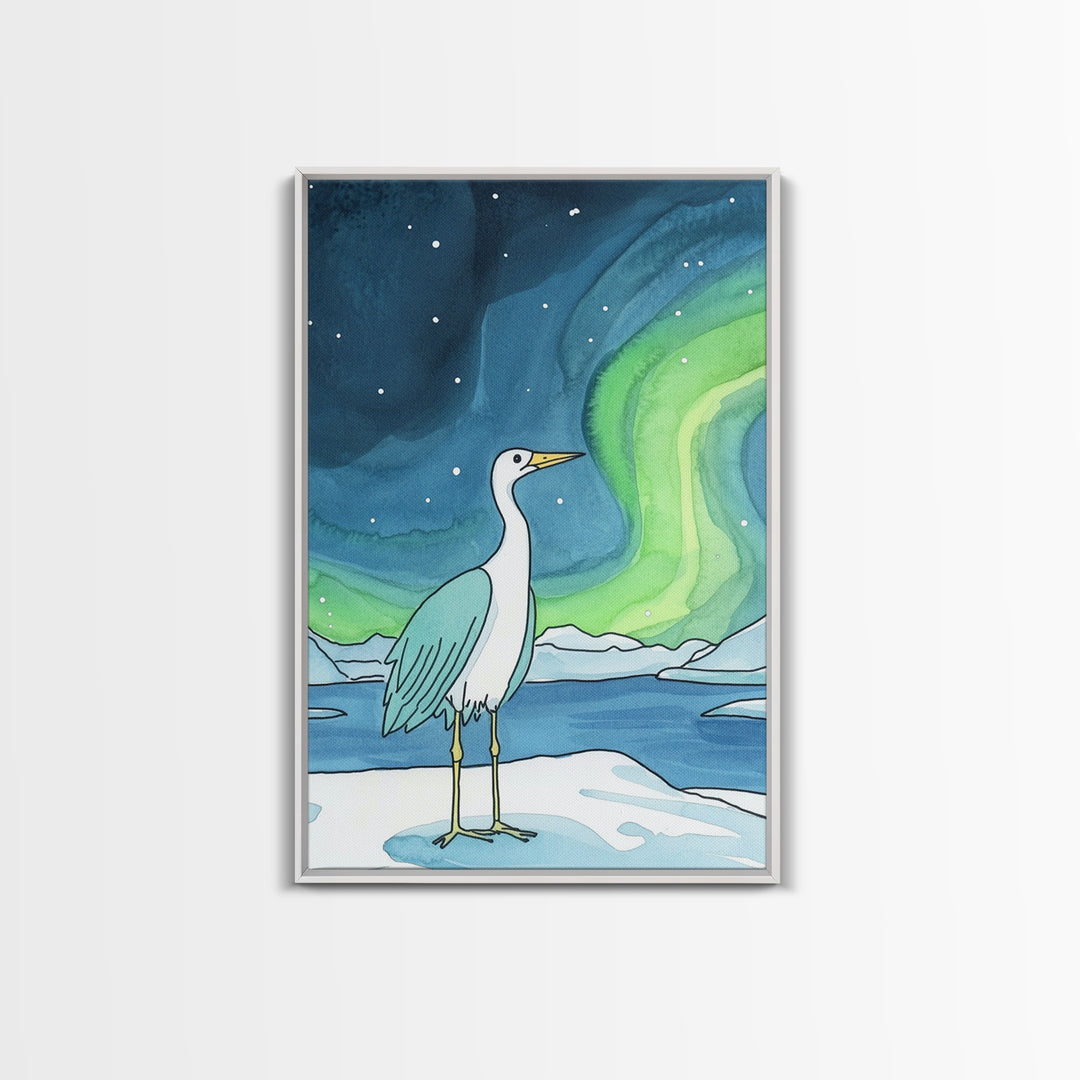 White Heron Under Northern Lights Canvas Print, Arctic Bird Wall Art, Coastal Nature Home Decor, Serene Nursery Gift For Her