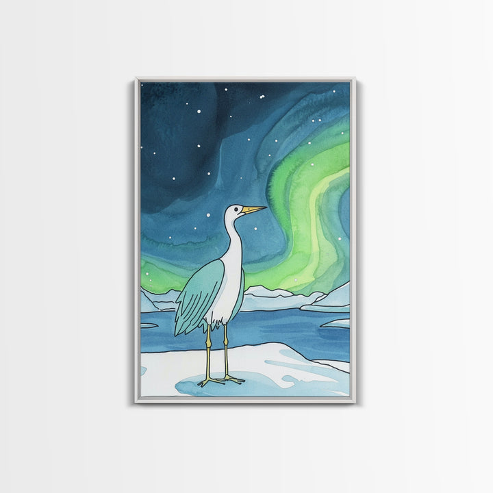 White Heron Under Northern Lights Canvas Print, Arctic Bird Wall Art, Coastal Nature Home Decor, Serene Nursery Gift For Her