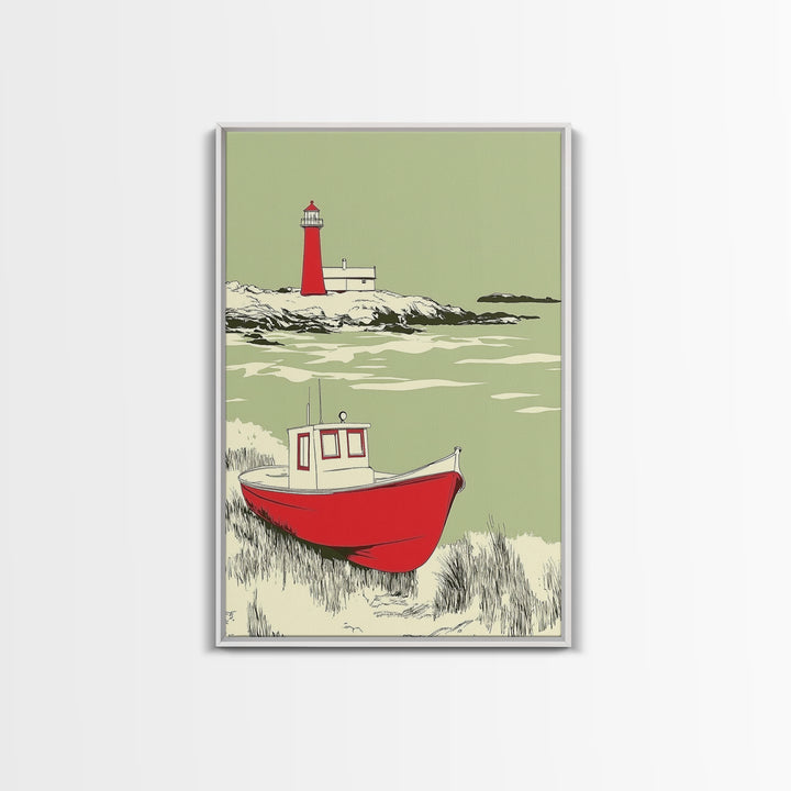 Red Fishing Boat And Lighthouse Canvas Print, Coastal Wall Art, Nautical Beach House Decor, Seascape Gift For Him, Living Room Decor