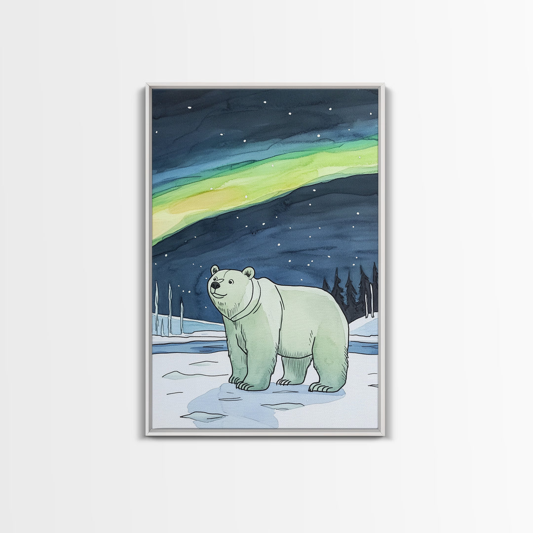 Polar Bear Under Northern Lights Wall Art, Arctic Wildlife Canvas Print, Winter Nature Decor, Nursery Gift For Kids Room