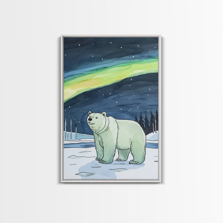 Polar Bear Under Northern Lights Wall Art, Arctic Wildlife Canvas Print, Winter Nature Decor, Nursery Gift For Kids Room