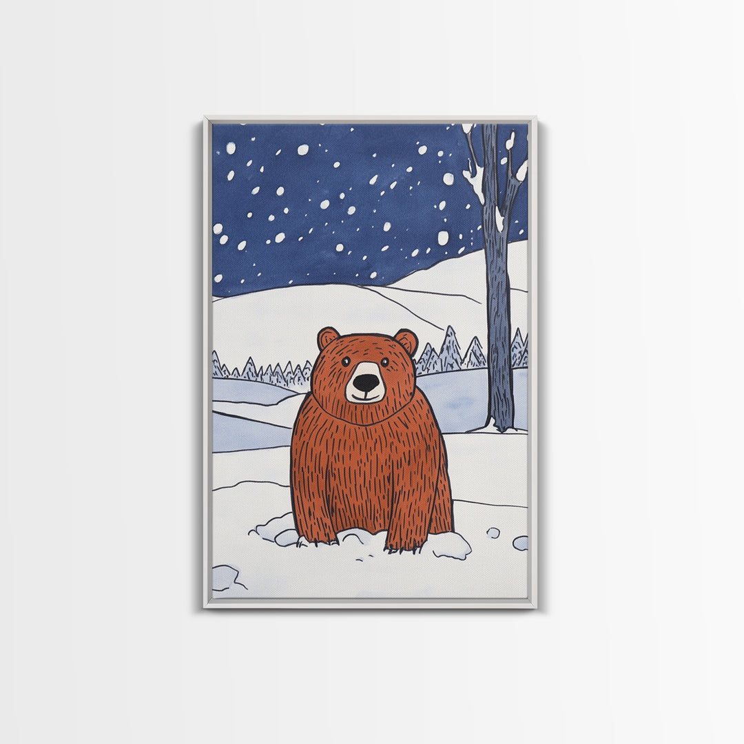 Brown Bear In Snowy Forest Wall Art, Woodland Animal Canvas Print, Rustic Nursery Decor, Winter Wildlife Gift For Kids Room Decor