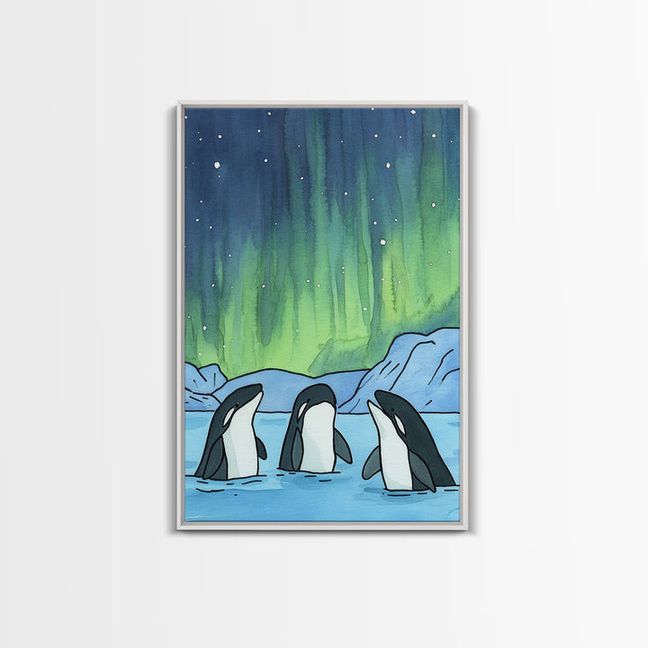 Orca Whales Under Northern Lights Wall Art, Arctic Ocean Print, Marine Life Decor, Coastal Nursery Art, Whale Lover Gift