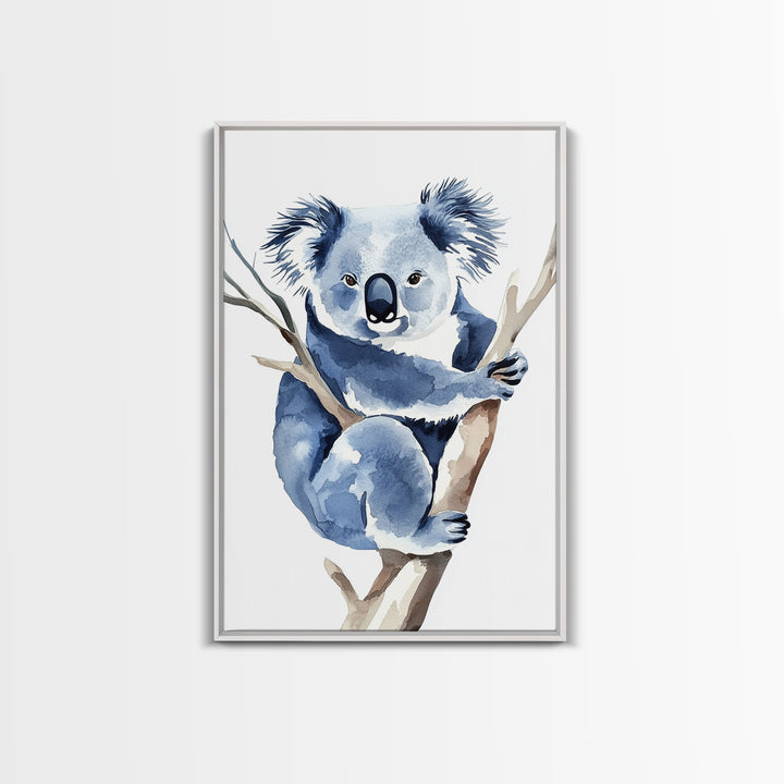 Blue Koala Climbing Eucalyptus Canvas Print, Watercolor Animal Wall Art, Nursery Decor, Kids Room Art, Wildlife Art Print