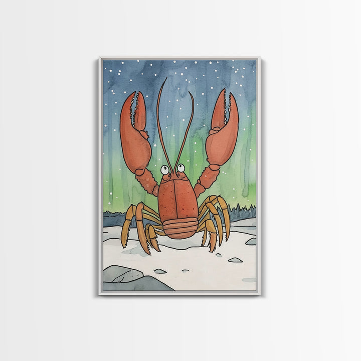 Whimsical Lobster Under Starry Sky Canvas Print, Coastal Animal Wall Art, Nautical Nursery Decor, Ocean Life Art Print, Kids Room Decor