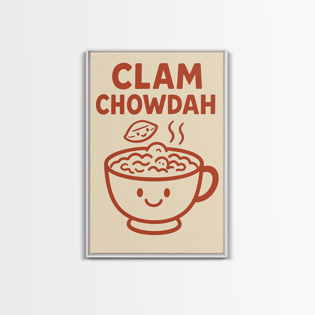 Cute Clam Chowdah Soup Bowl Wall Art, Funny Kitchen Print, New England Seafood Decor, Coastal Cafe Gift For Food Lover Home Decor