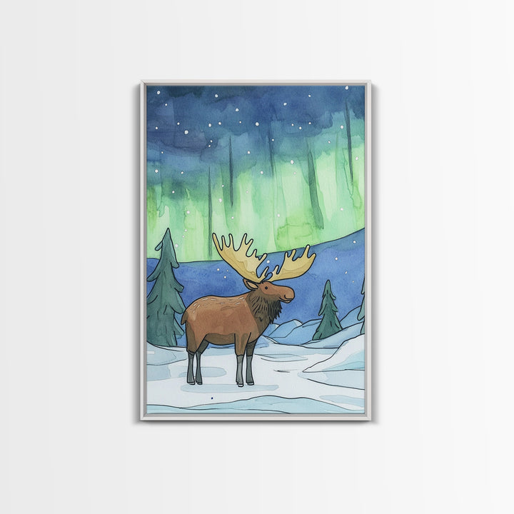 Whimsical Moose Under Green Northern Lights Canvas Print, Winter Animal Wall Art For Nursery Decor And Cozy Cabin Decor Gift