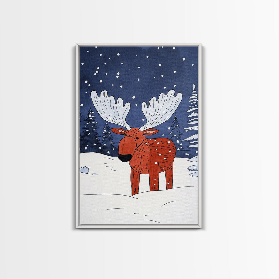 Red Whimsical Moose In Snowy Forest Canvas Print, Cute Animal Wall Art For Kids Room Decor And Nordic Winter Decor Gift Print