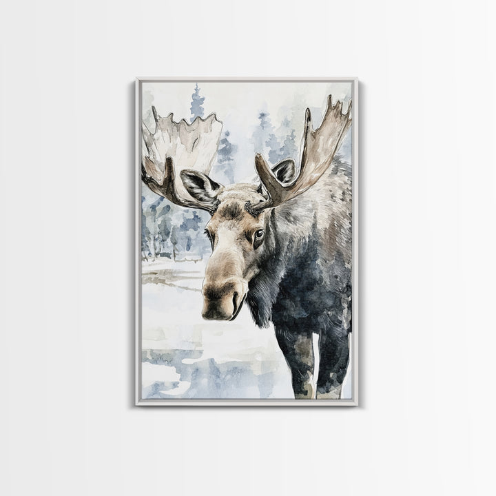 Realistic Moose Portrait In Snowy Pines Framed Canvas Print, Wildlife Wall Art For Rustic Cabin Decor And Nature Lover Gift