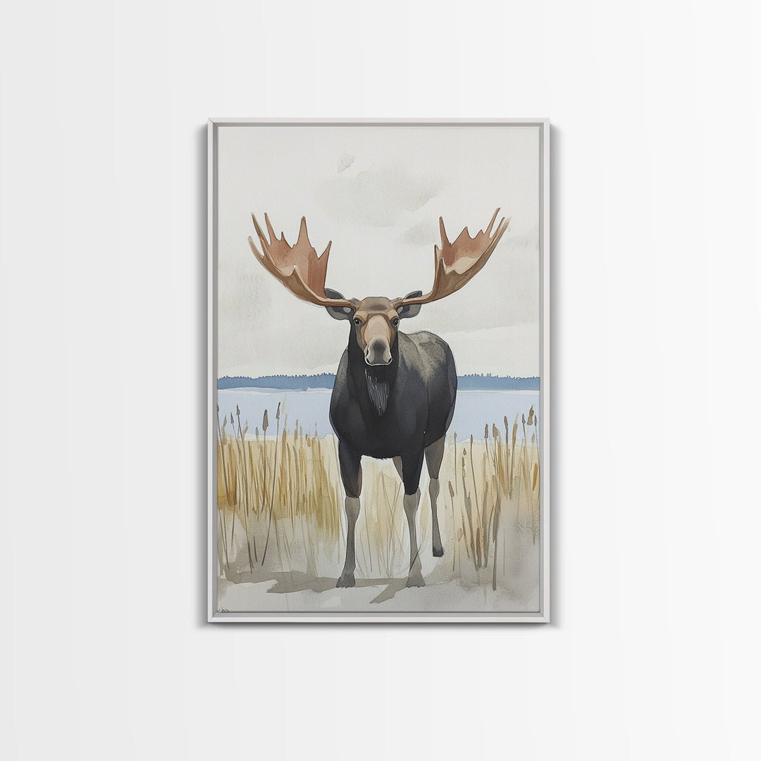 Standing Moose By Quiet Lake Canvas Print, Rustic Wildlife Wall Art For Cabin Decor, Nature Wall Art, And Housewarming Gift