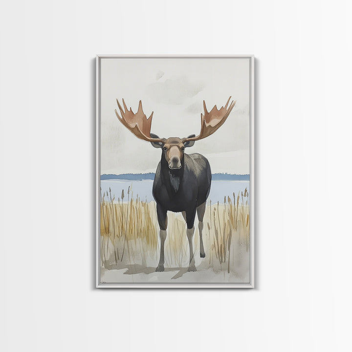 Standing Moose By Quiet Lake Canvas Print, Rustic Wildlife Wall Art For Cabin Decor, Nature Wall Art, And Housewarming Gift