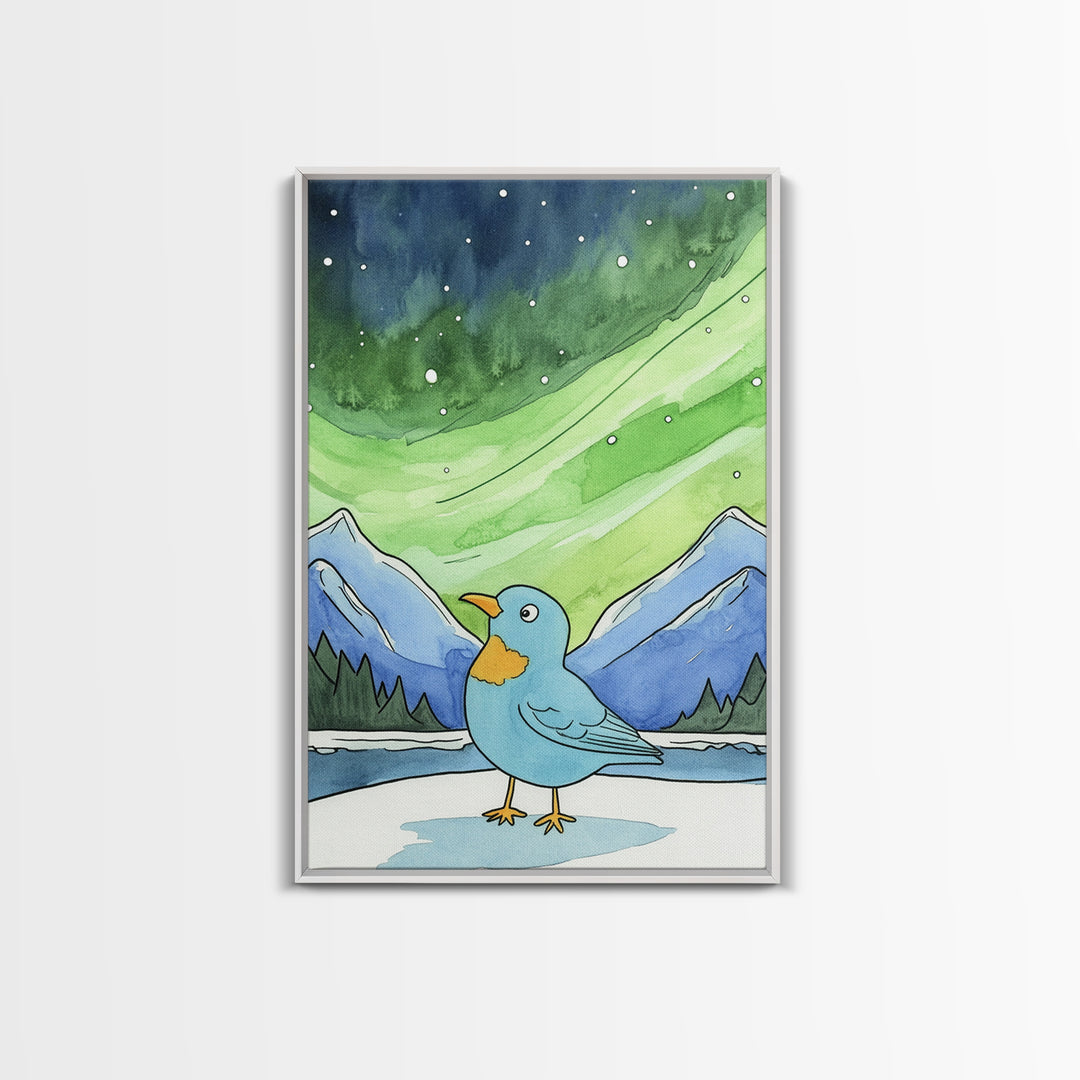 Blue Bird Beneath Green Aurora Canvas Print, Whimsical Animal Wall Art For Nursery Decor, Mountain Art, And Kids Room Decor